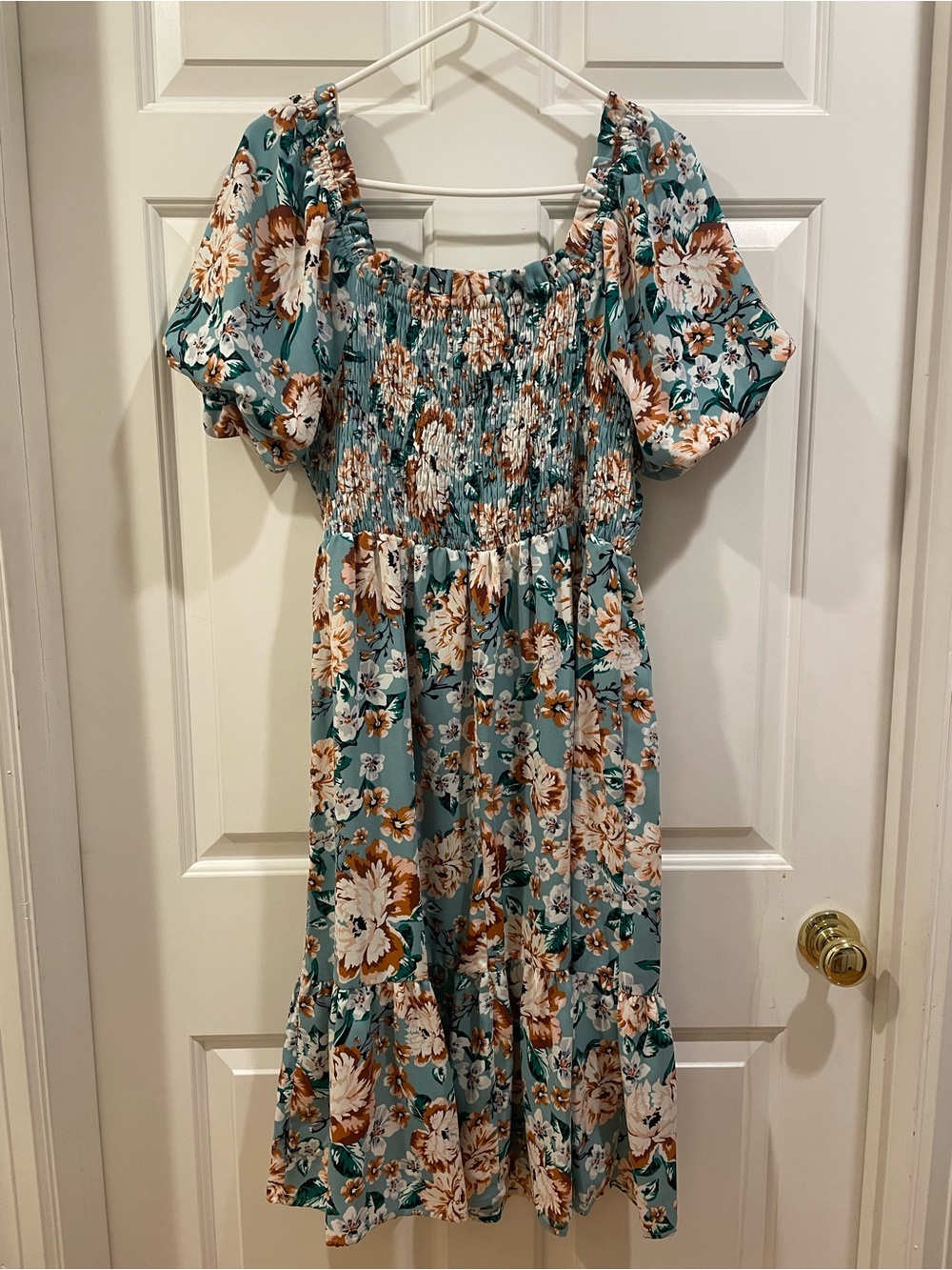 LC Lauren Conrad Teal Floral Smocked Puff Sleeve Midi Dress